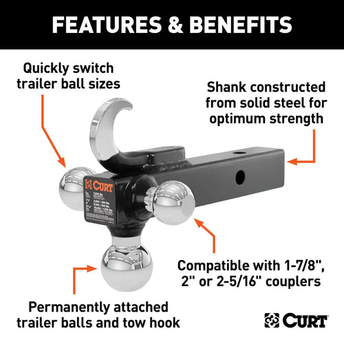 Curt Multi-Ball Mount with Hook (2 Solid Shank, 1-7/8, 2 & 2-5/16 Chrome Balls) #45675