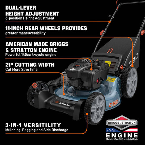 Senix 21 140cc 4-Cycle Briggs & Stratton Engine Gas Push Lawn Mower with 3-in-1 Mulching, Bagging, Side Discharge