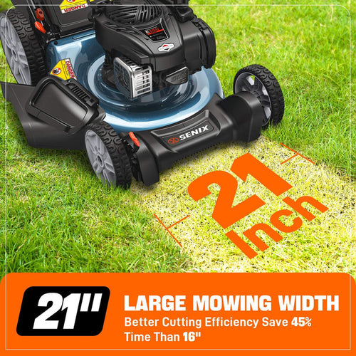 Senix 21 140cc 4-Cycle Briggs & Stratton Engine Gas Push Lawn Mower with 3-in-1 Mulching, Bagging, Side Discharge